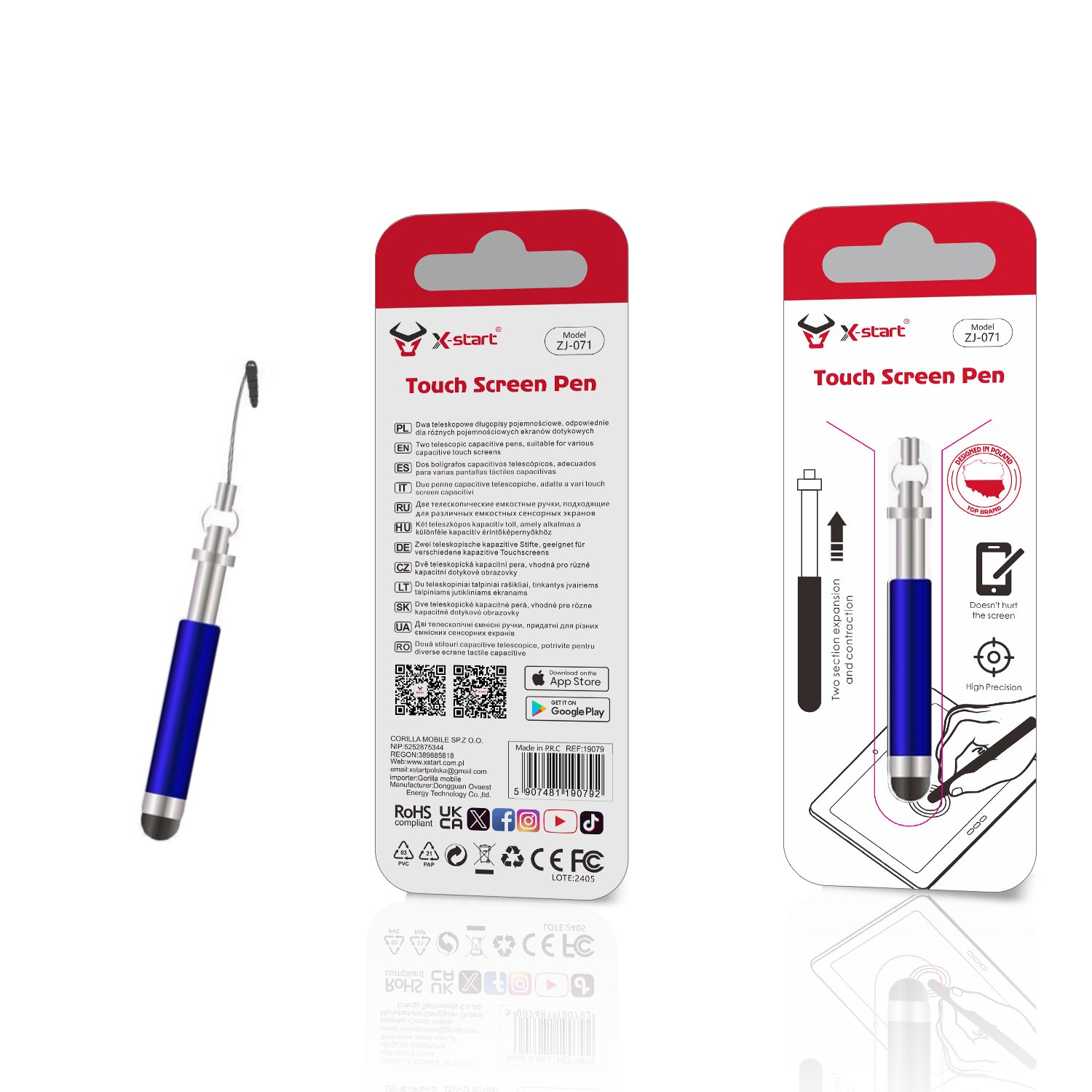 19080 ZJ071 多功能触屏电容笔Dark Blue Multi-functional Capacitive Touchscreen Pen with Rubber Tip for Touch Control, Extendable Length 9.5cm - Image 1