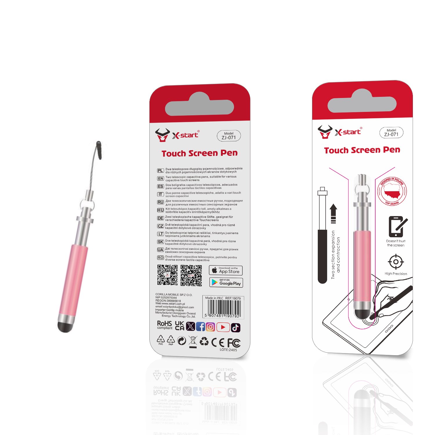 19084 ZJ071 多功能触屏电容笔 Pink Multifunctional Capacitive Touchscreen Pen with Rubber Tip, Touchscreen Control, Extendable Length: 9.5cm - Image 1