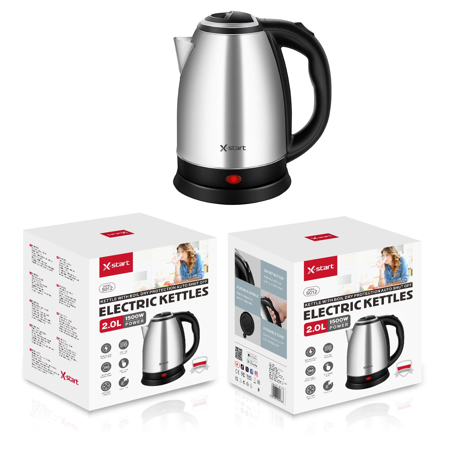 20006 S012 家用不锈钢电热水壶Black Stainless Steel Electric Kettle, 2.0L, 1500W, 75CM Cord, Automatic Power-Off Protection, Anti-Dry-Burning, Food-Grade Stainless Steel + ABS Shell, 220-240V 50/60Hz - Image 1
