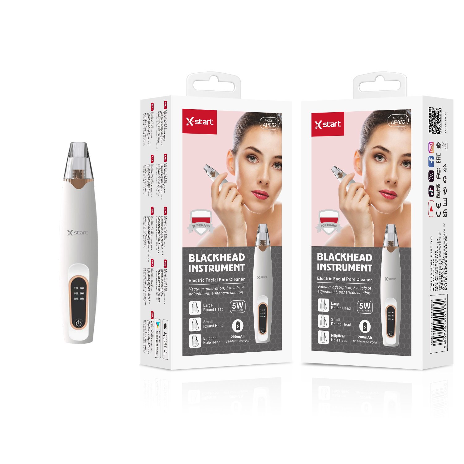20013 AP052 黑头吸取仪器White Electric Blackhead Extractor 5W 3.7V/200mAh, 3-size suction head suitable for dry, oily, and wet skin, PC shell. - Image 1
