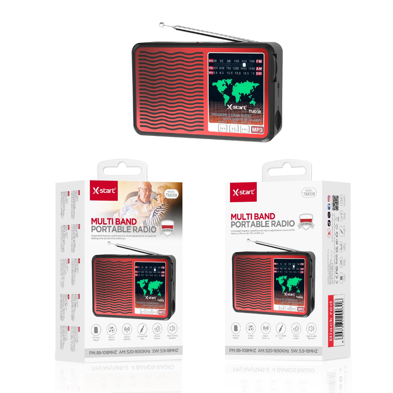 20031 TM008 便携式多频率收音机 Red Portable Multi-Frequency Radio 3.7V/18650AR x 1pcs V3 port FM: 88-108MHz AM: 520-1650KHz SW: 59-180MHz Supports TF 3.5 External USB External Output ABS Shell - Image 1