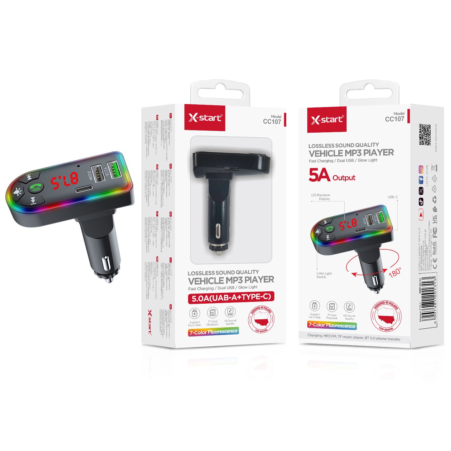 20131 CC107 车载蓝牙充电器 黑色 5A 车载蓝牙MP3 12V-24V 3x(2xUSB-A + USB-C) 7彩氛围灯 FM:87.5~108 Mhz TF卡 音频输出 ABS防火外壳 - Image 1