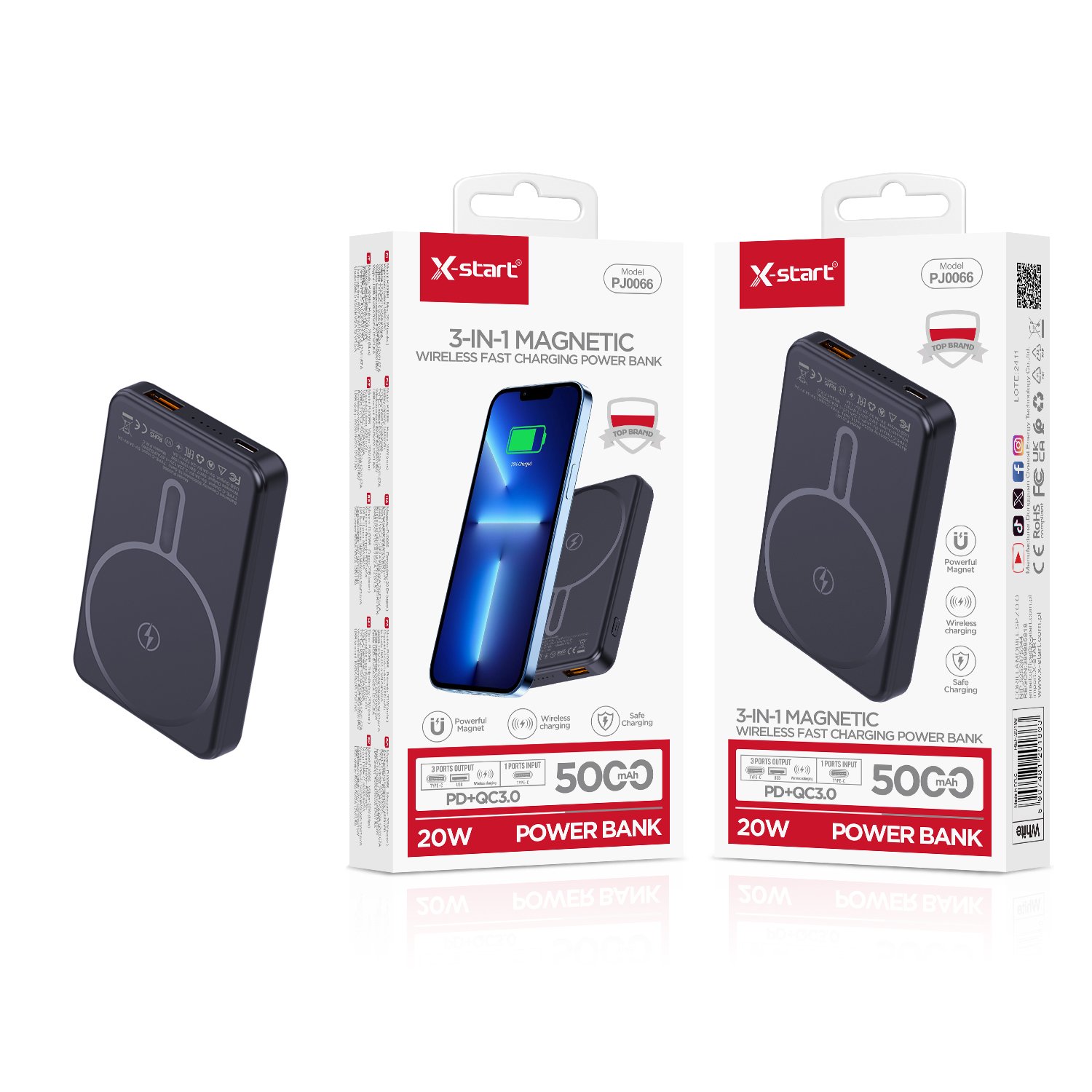 20185 PJOO66 无线移动电源Power Bank, Black, 20W Wireless Charging, Magsafe Magnetic, 5000mAh - Image 1