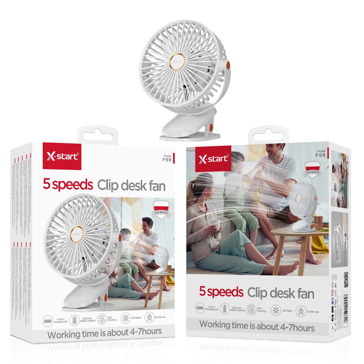 20245 F98 迷你小风扇 White Mini Desktop Fan 2.5W 3.7V/18650AR x 2pcs TYPE-C 5-speed fan control Ambient lighting ABS shell - Image 1