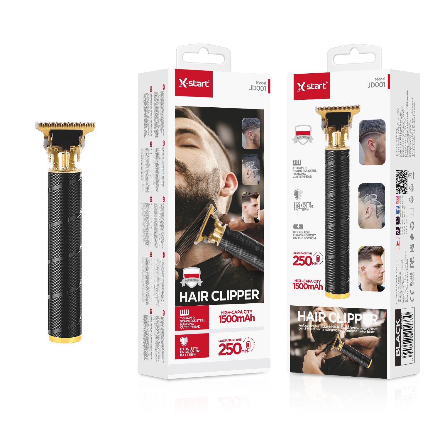 20273 JD001 家用电动理发器 Black Electric Hair Trimmer with Direct Charging, 5W 180Hz Brushless Motor, 5000-7500 RPM, Micro 3.7V/1500mAh, Zinc Alloy Material - Image 1