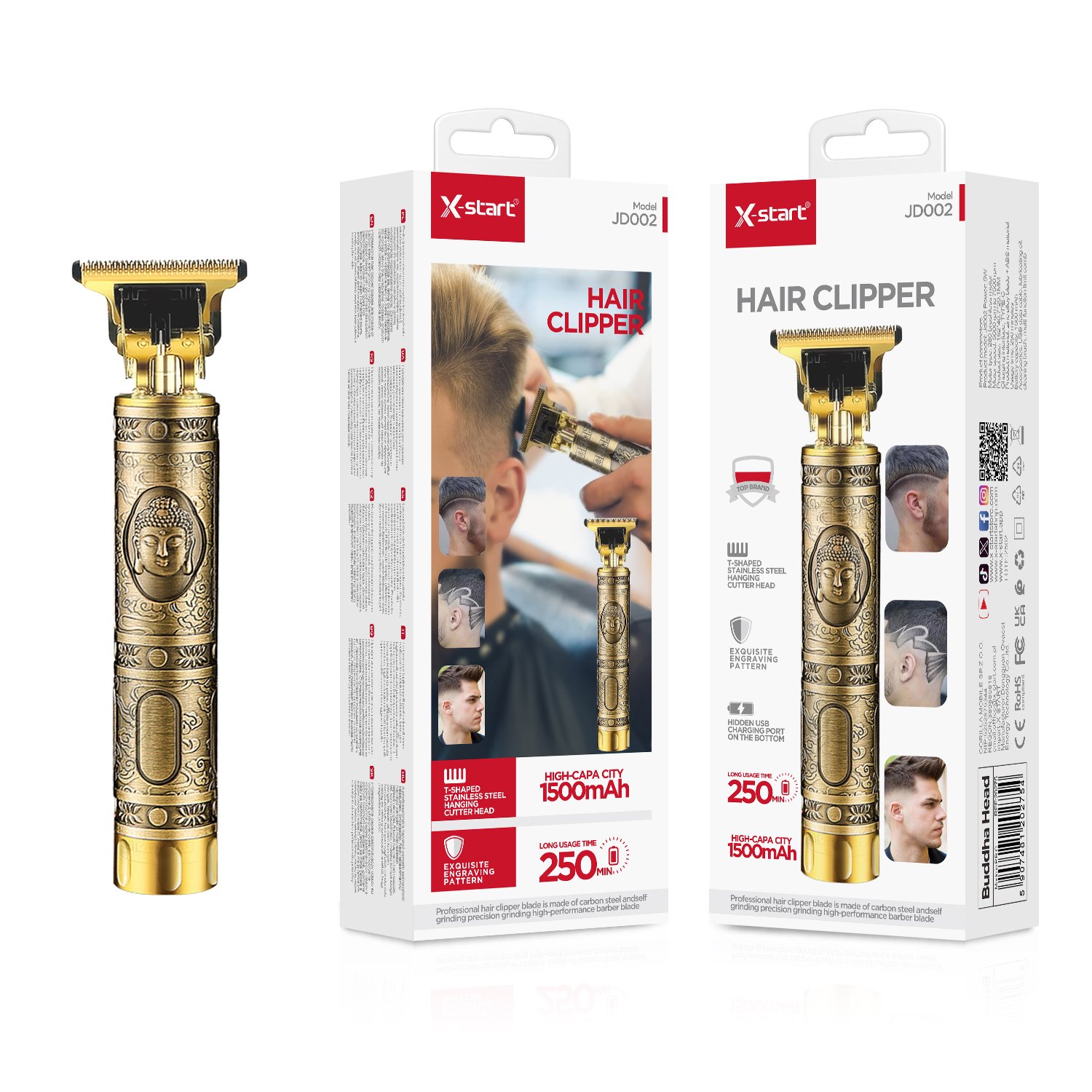 20275 JD002 佛头款电动理发器 Gold Direct-Charging Buddha Head Electric Hair Clipper 5W 180Hz Brushless Motor 5000~7500rpm Micro 3.7V/1500mAh Zinc Alloy Material - Image 1