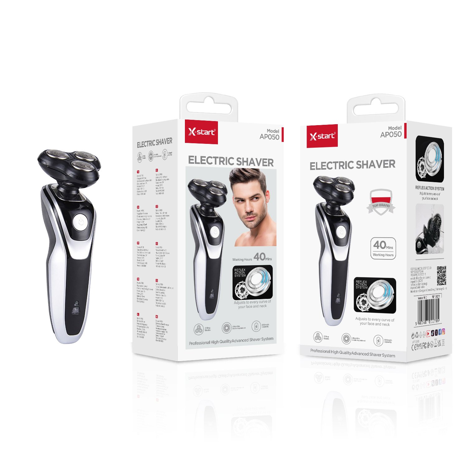20278 AP050 电动剃须刀 Black Portable Electric Shaver 3W Rotary Head x3, Nose Hair Trimmer x1, Sideburn Trimmer x1 3.7V/500mAh Positive/Negative Pin Charging Port, ABS Shell - Image 1