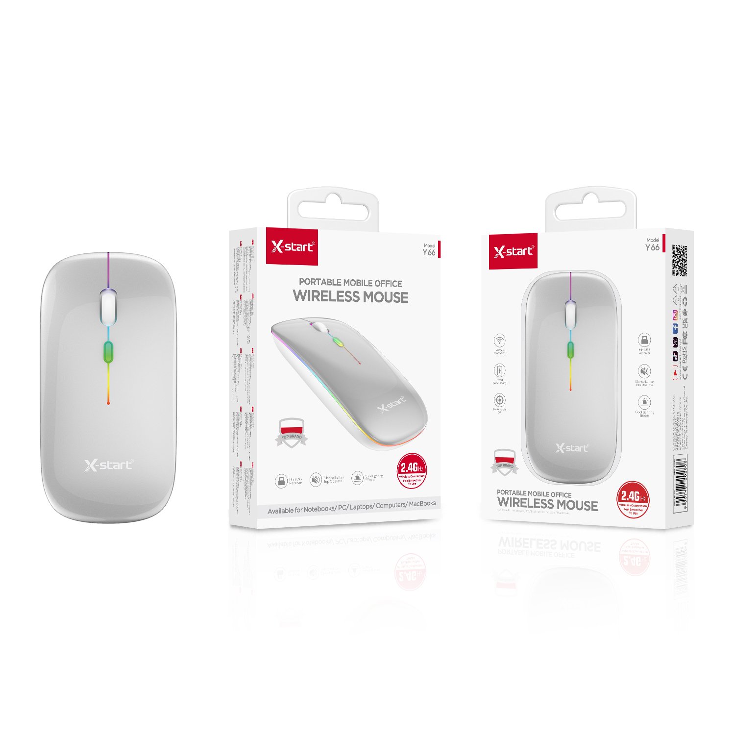 20280 Y66 幻彩无线鼠标 Silver RGB Wireless Mouse, Mini USB Receiver, 2.4GHz, 1000DPI Micro Optical Tracking Design, ABS Shell - Image 1