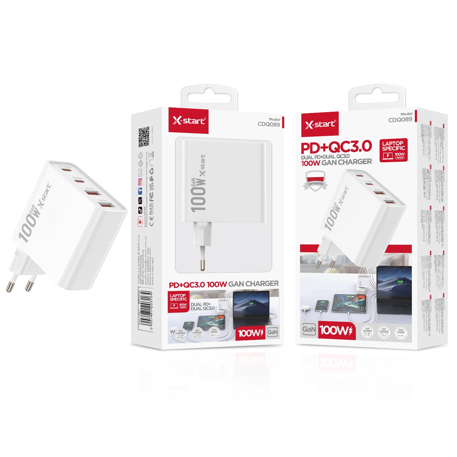20316 CDQ089 充电器White EU Fast Charger, ABS Fire-Retardant Shell, 110V~240V, 50/60Hz GaN 100W (QC + PD), 4xU (2xUSB-A + 2xUSB-C), Cable Not Included - Image 1