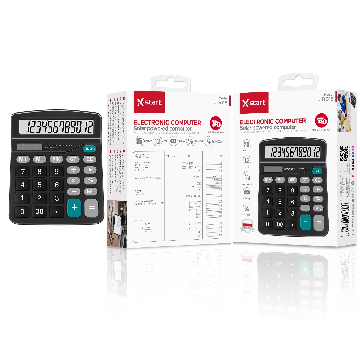 20356 JD015 计算器Black Solar Calculator, 12-digit display, Solar + AA batteries (1pcs), LCD screen, 26-key responsive buttons, PC casing - Image 1