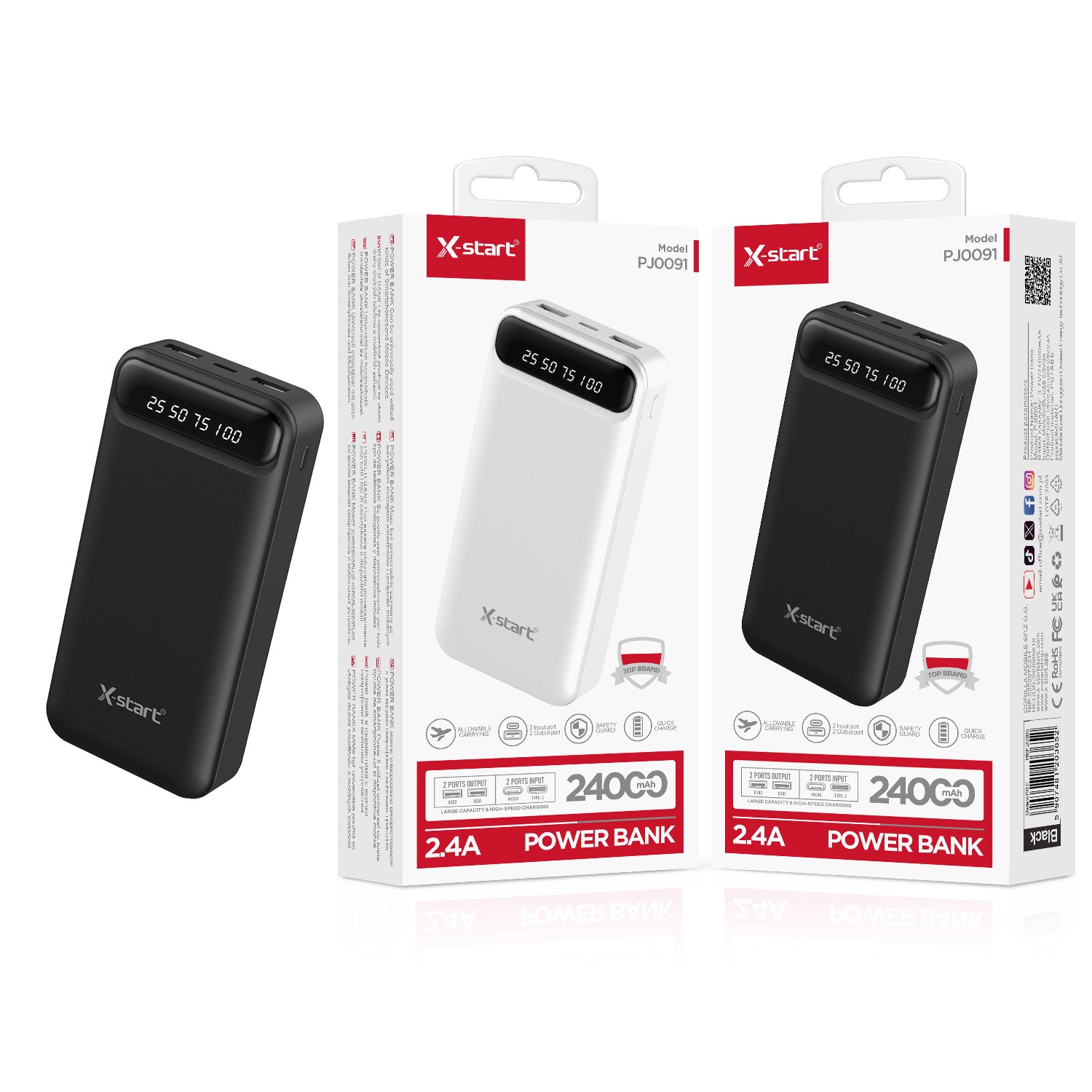 20365 PJOO91 移动电源 Black Power Bank, 24000mAh Capacity, 5V 2.4A Current, Dual Input Micro/Type-C, Dual USB Output Ports, Polymer Battery, Digital Power Display - Image 1