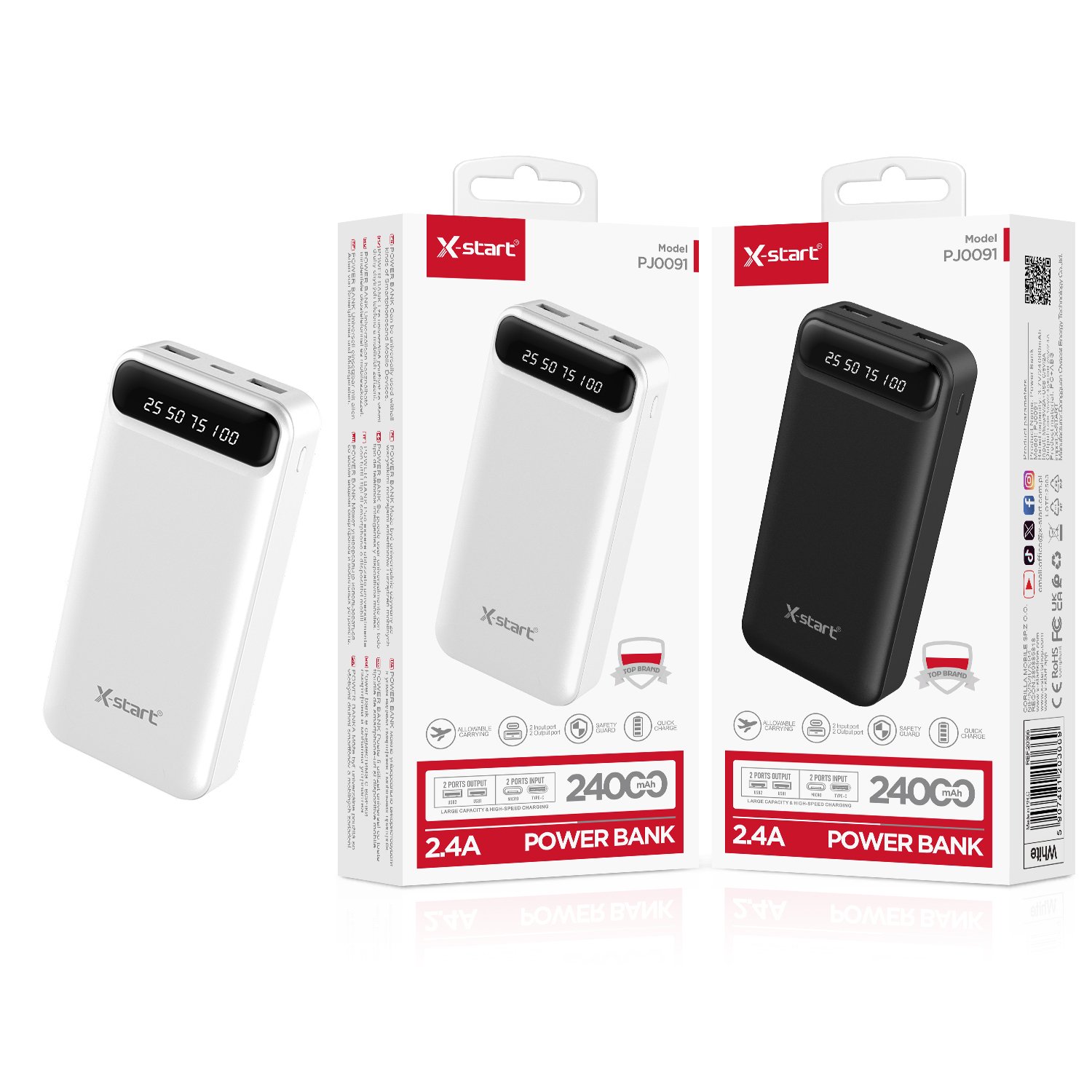 20366 PJOO91 移动电源 White Power Bank, 24000mAh Capacity, 5V 2.4A Current, Dual Input Micro/Type-C, Dual USB Output Ports, Polymer Battery, Digital Power Display - Image 1