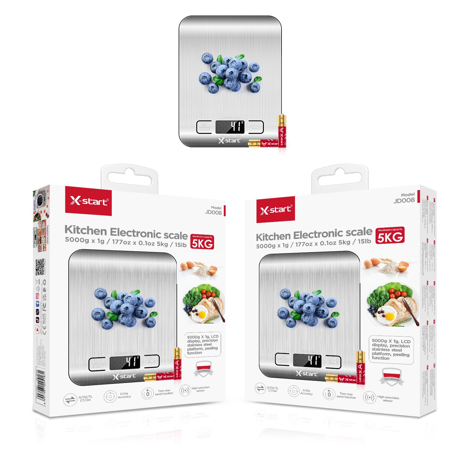 20416 JD008 厨房电子秤 Silver Kitchen Scale with Digital Display 5KG (max) d=1g AAAx2pcs Alloy Casing - Image 1