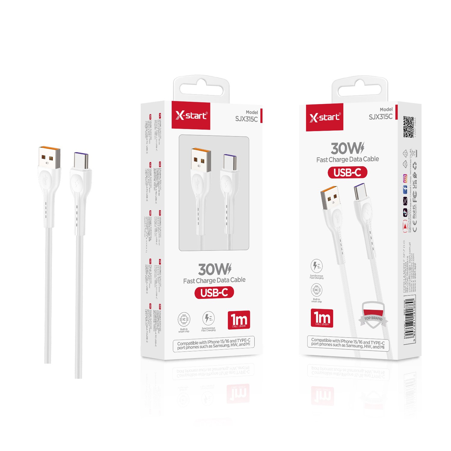 10188 SJX315C 快充数据线White 30W Fast Charging Data Cable 1M USB-A to USB-C PVC sheath - Image 1