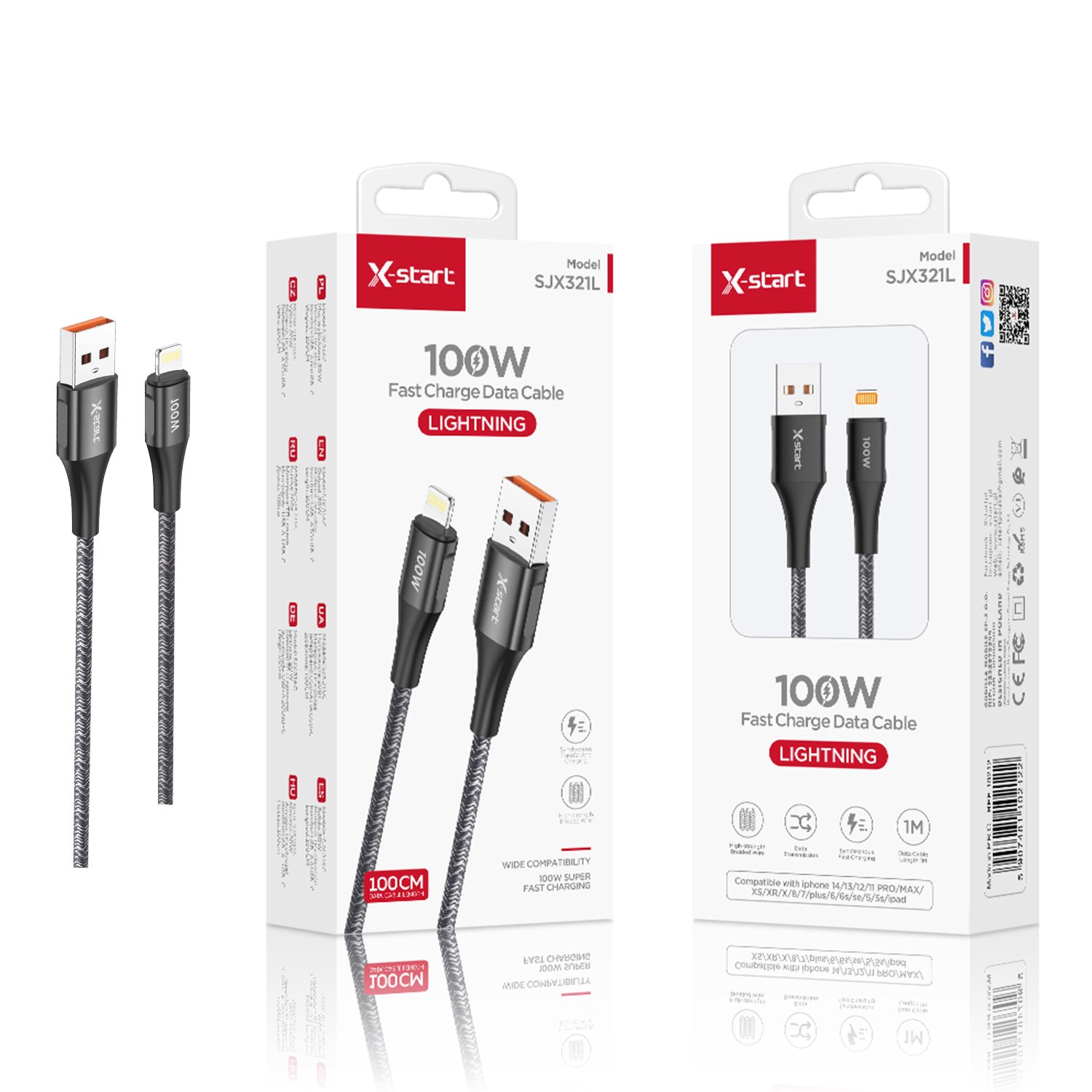 10195 SJX321L 编织快充数据线Black 100W Braided Fast Charging Data Cable 1M USB-A to Lightning with Braided Outer Sheath - Image 1