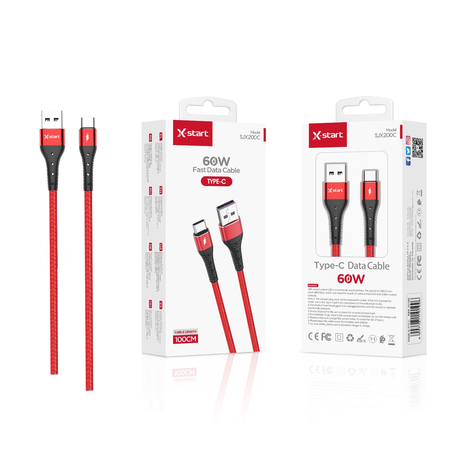 10199 SJX200C 快充数据线Red 60W Braided Fast Charging Data Cable, 1M Length, Braided Outer Sheath, USB-A to USB-C - Image 1