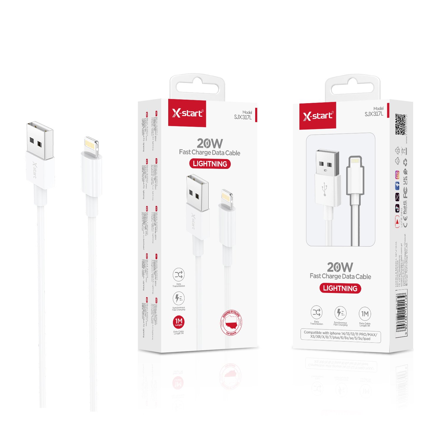10213 SJX317L 快充数据线White 20W Fast Charging Data Cable, 1M USB-A to Lightning, PVC Sheath - Image 1