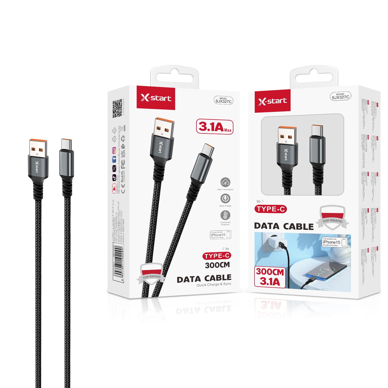10232 SJX327C 编织快充数据线Black 3.1A Braided Fast Charging Data Cable 3M USB-A to USB-C Braided Outer Sheath - Image 1