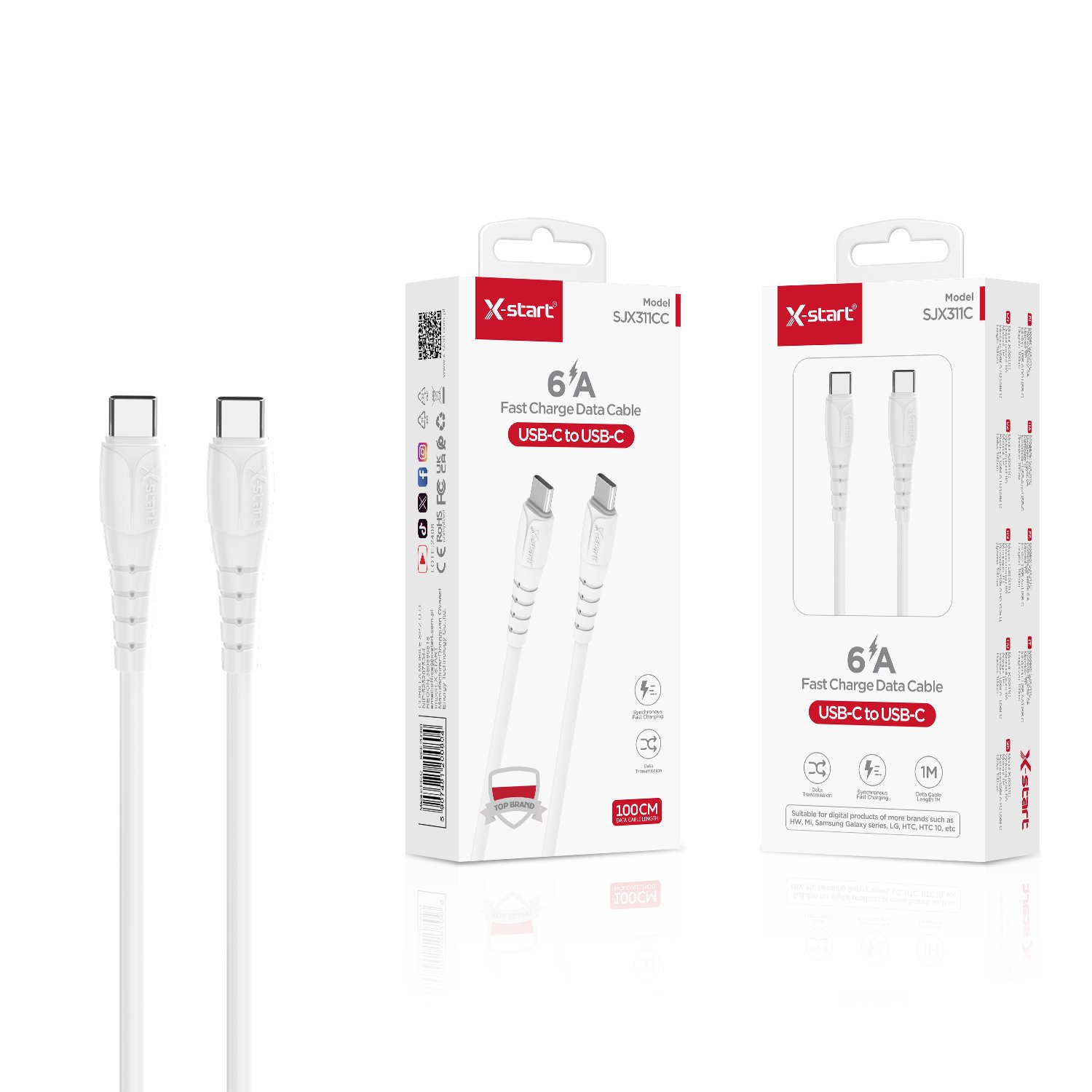 10247 SJX311CC 软胶快充数据线White 6.0A Soft Rubber Fast Charging Data Cable 1M USB-C to USB-C PVC Outer Sheath - Image 1