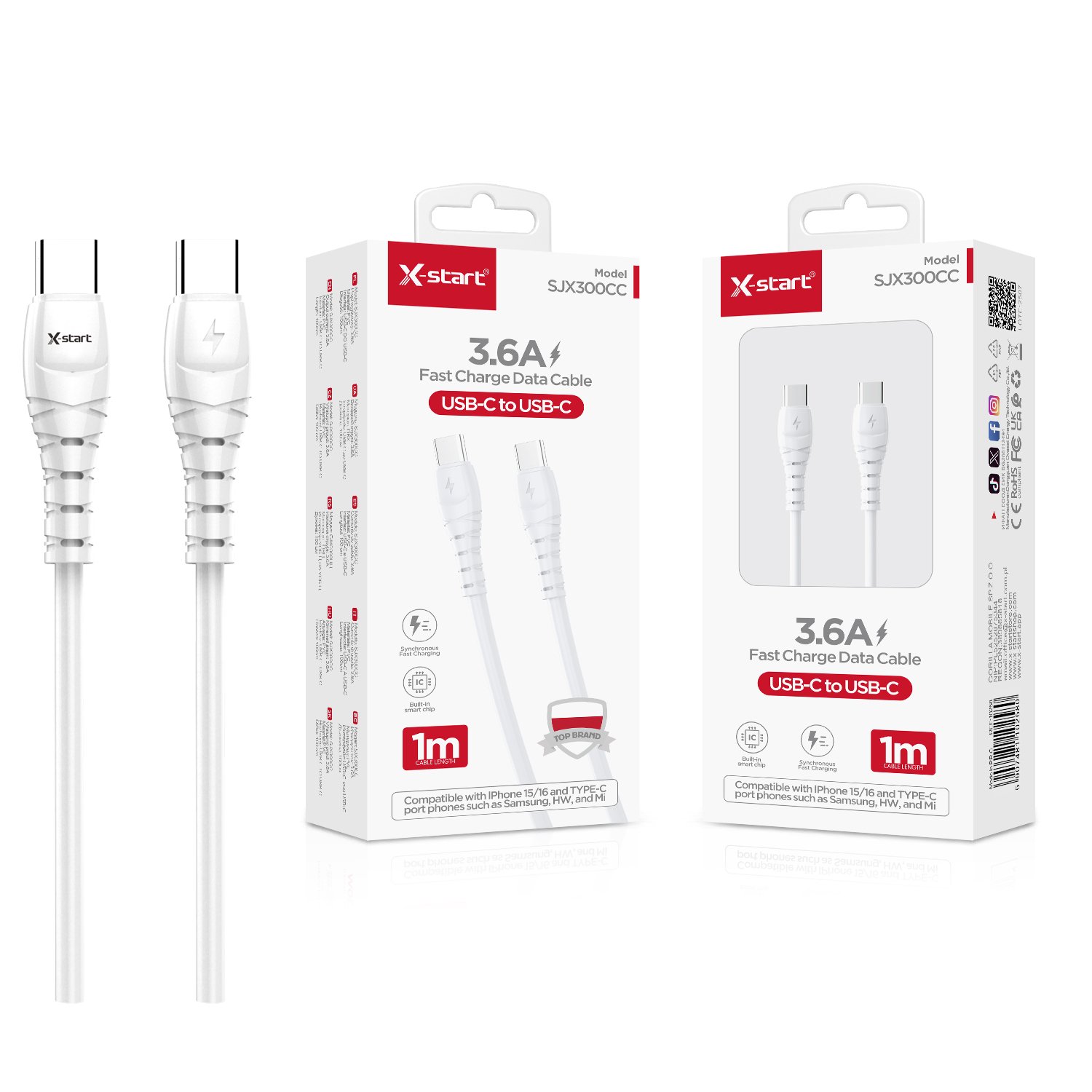 10258 SJX300CC 快充数据线White 3.6A Fast Charging Data Cable, 1M Length, USB-C to USB-C PVC sheath - Image 1