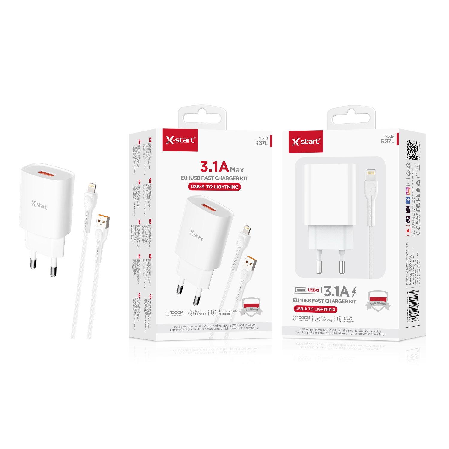 11128 R37L 充电套装White 3.1A EU Charging Kit, 1M Cable, Single USB with (USB-A to Lightning) Cable, ABS Fire-Retardant Shell - Image 1