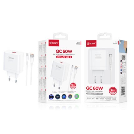 R40C 快速充电套装White 60W EU Fast Charging Kit, 1M Cable, Single USB-A with (USB-A to USB-C) Cable, PC Fire-Resistant Case