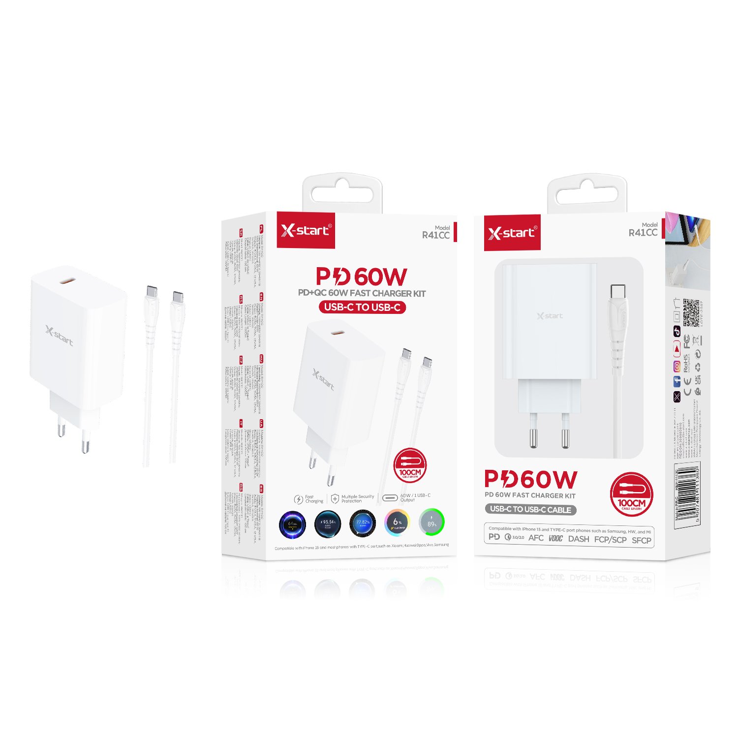 11136 R41CC 快速充电套装White 60W EU Fast Charging Kit, 1M Cable, Single USB-C with (USB-C to USB-C) Cable, PC Fire-Resistant Case - Image 1