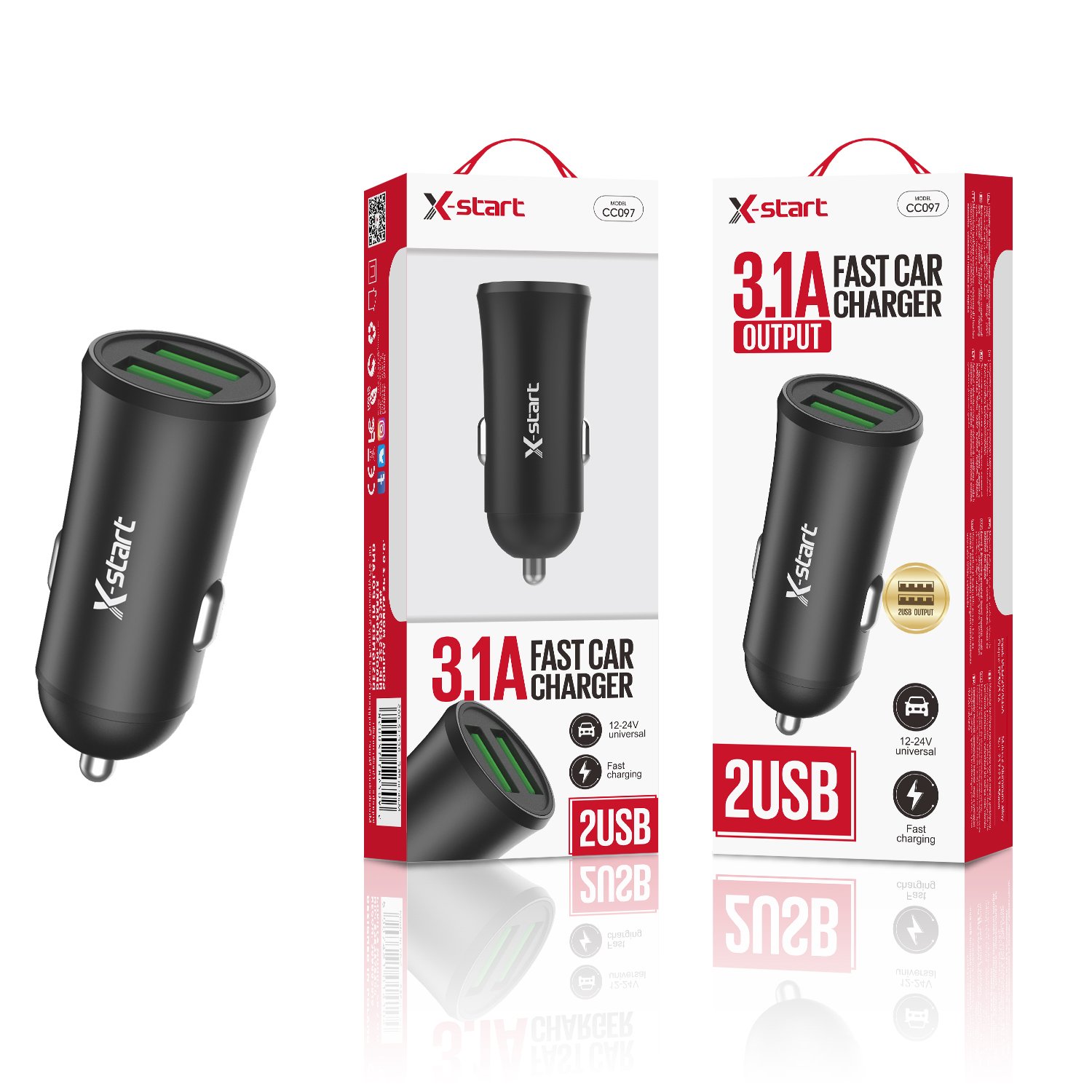 12005 CC097 车载快充充电器Black Car Charger 2x USB-A 3.1A Max 12V~24V Alloy Shell, No Cable - Image 1