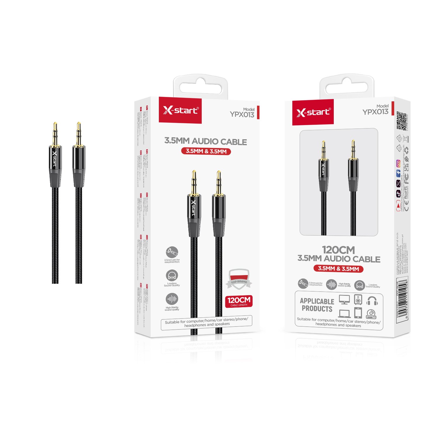 19105 YPX013 双公编织音频线Black Double Male Braided Audio Cable, 1.2m Length, 3.5mm to 3.5mm Triple Pins, Alloy Shell + Braided Outer Sheath - Image 1