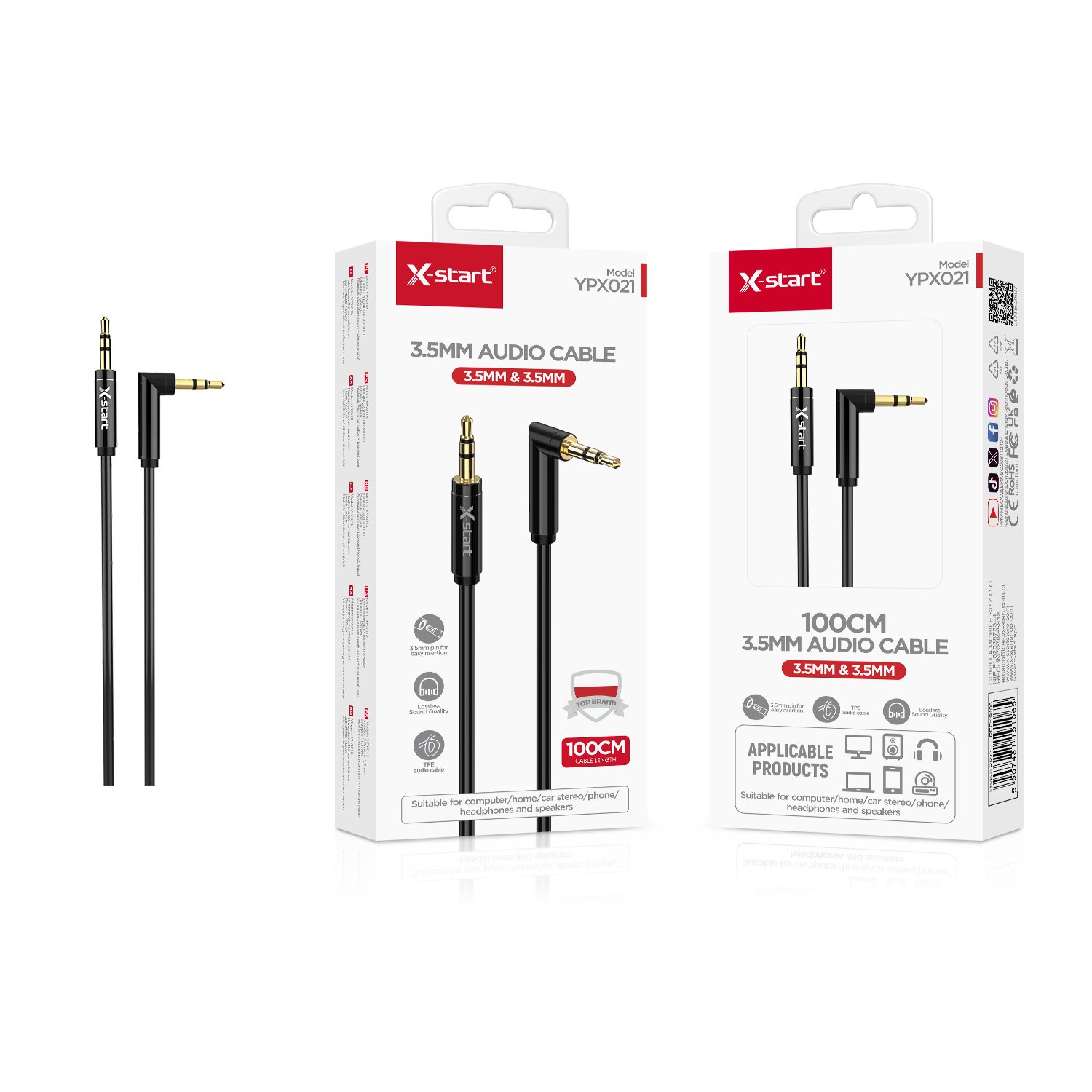 19106 YPX021 双公编织音频线Black Double Male Braided Audio Cable, 1 meter long, 3.5mm to 3.5mm 3-pole connectors, alloy shell + braided sheath - Image 1