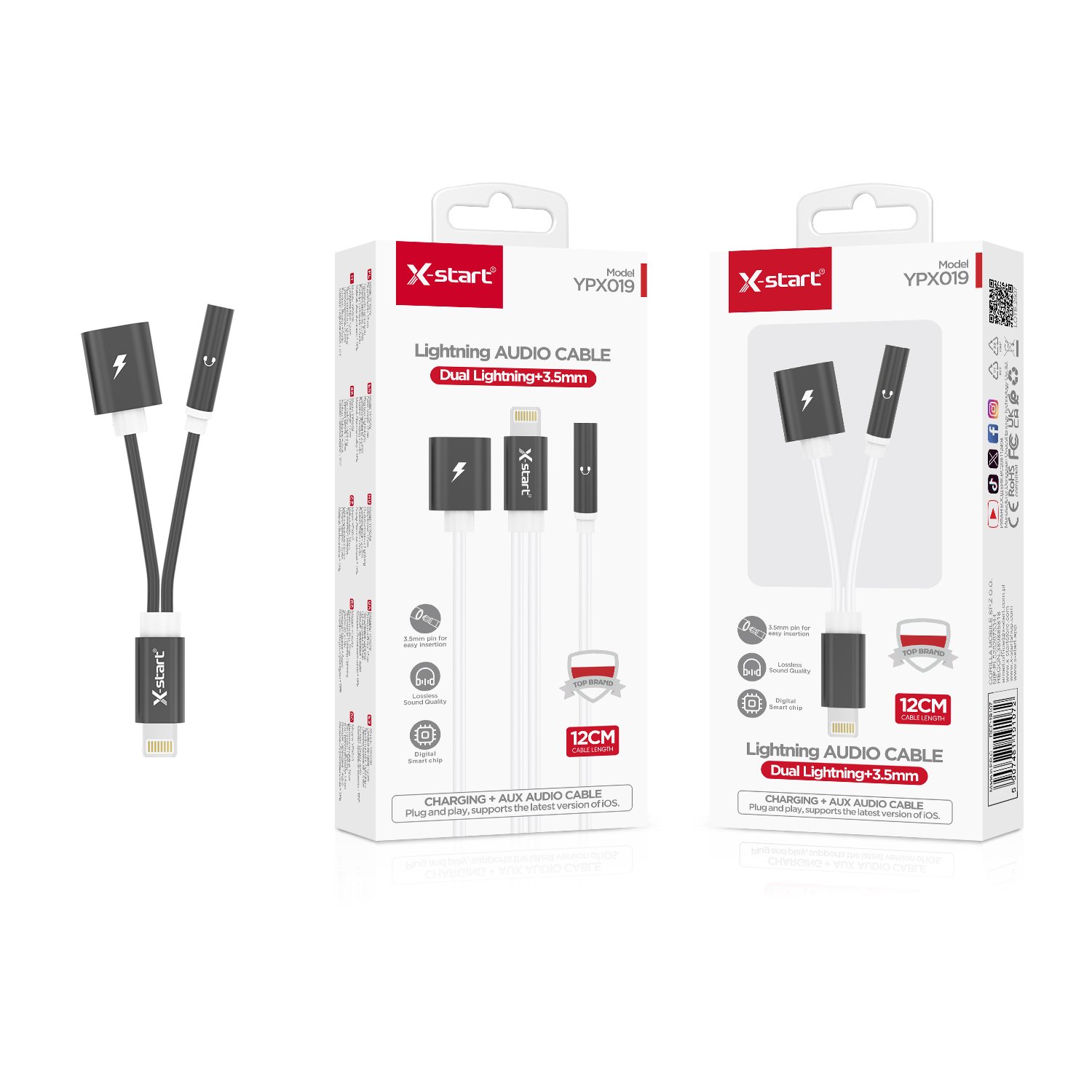 19108 YPX019 一出二音频适配器Black 1-to-2 Audio Adapter, 0.12m Cable, Lightning to (Lightning or 3.5mm female connector), Bluetooth pop-up, supports charging and audio transmission, alloy shell + PVC outer sheath. - Image 1