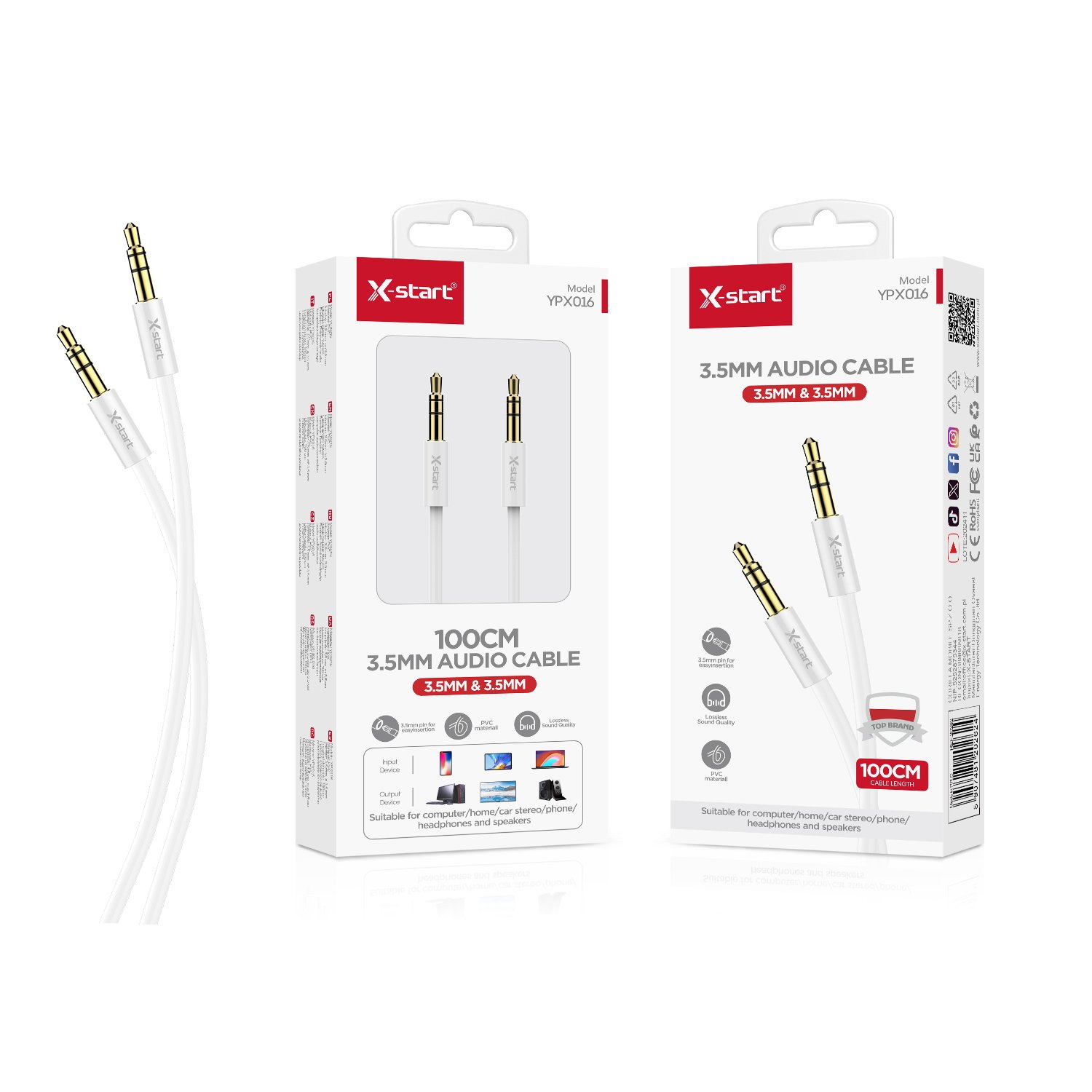 19115 YPX016 双公座音频线White Dual Male Audio Cable, 1M Length, Dual 3.5mm Male Connectors, Triple Pins, PVC Sheath - Image 1