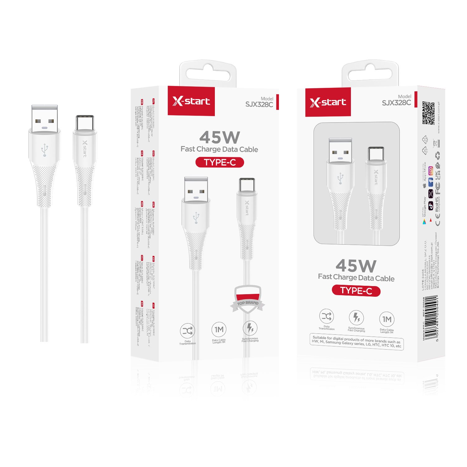 20049 SJX328C 硅胶快充数据线White 45W Silicone Fast Charging Data Cable 1M USB-A to USB-C PU Outer Sheath - Image 1