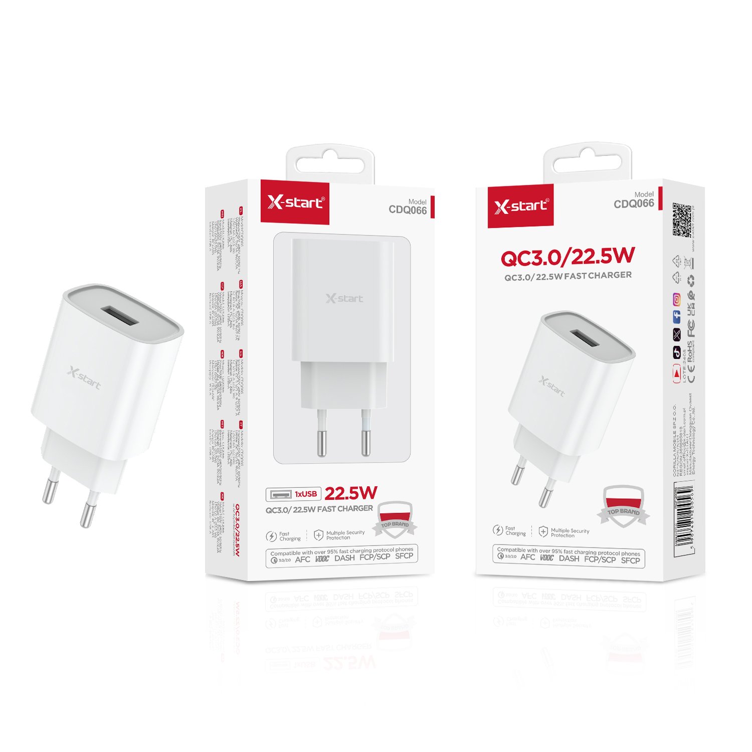 20056 CDQ066 快速充电器White 22.5W EU Fast Charger, QC Fast Charge, Single USB, ABS Fire-Retardant Shell - Image 1