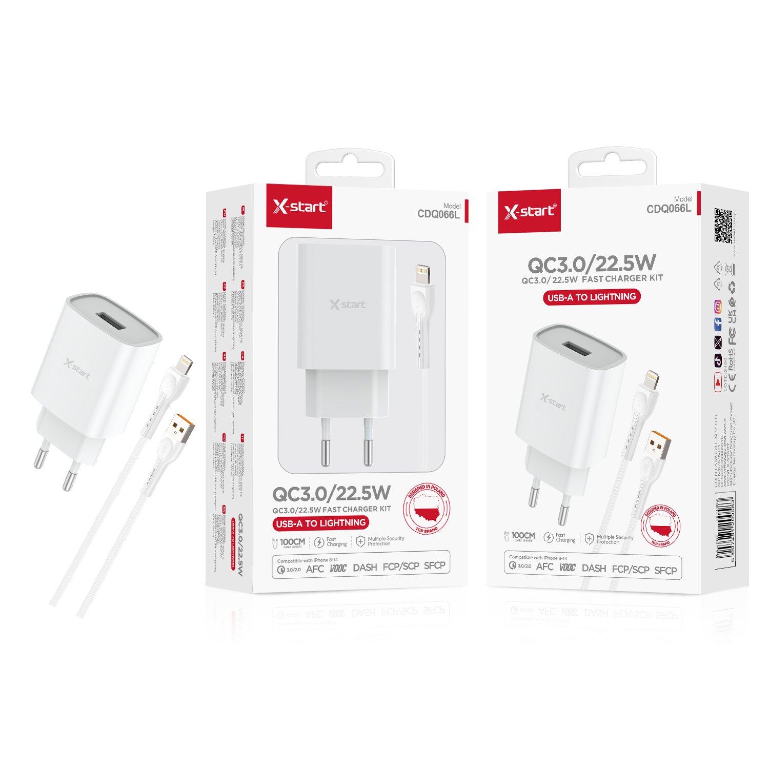 20058 CDQ066L 快充套装 White 22.5W EU Fast Charging Kit, 1-meter cable, single USB-A 100V~240V, 50/60Hz, includes (USB-A USB TO Lightning) cable, ABS shell. - Image 1