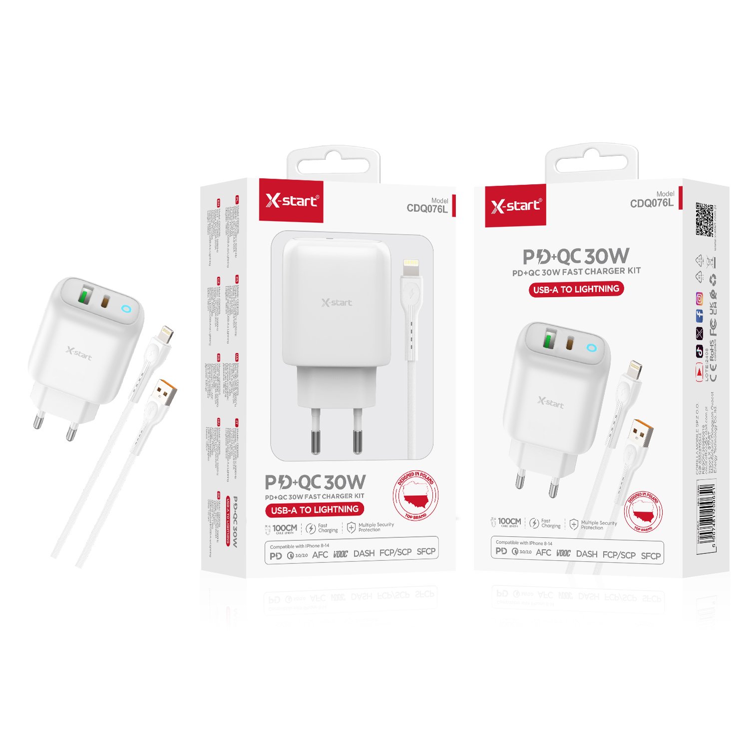20065 CDQ076L 快充套装 White 30W EU Fast Charging Kit, 1M Cable, 2x (USB-A + USB-C), with (USB-A to Lightning) Cable, ABS Fire-Retardant Shell. - Image 1