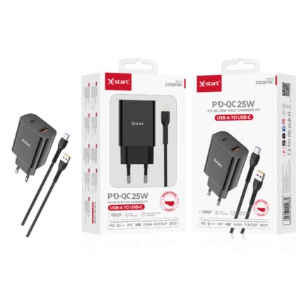 CDQ078C 快充套装 Black 25W EU Fast Charging Kit, 1M Cable, 2x (USB-A + USB-C), with (USB to USB-C) Cable, ABS Fire-Retardant Shell.