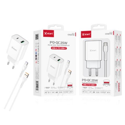CDQ078C 快充套装 White 30W EU Fast Charging Kit, 1M Cable, 2x (USB-A + USB-C), with (USB to USB-C) Cable, ABS Fire-Retardant Shell.
