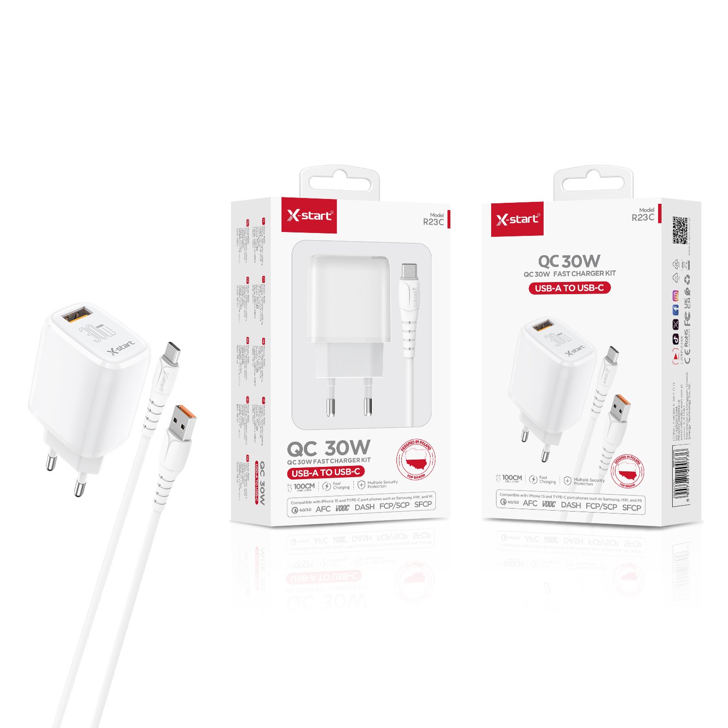 20073 R23C 快充套装 White 30W EU Fast Charging Kit, 1M Cable, Single USB-A, 100V~240V, 50/60Hz, with (USB to Type-C) Cable, ABS Shell. - Image 1