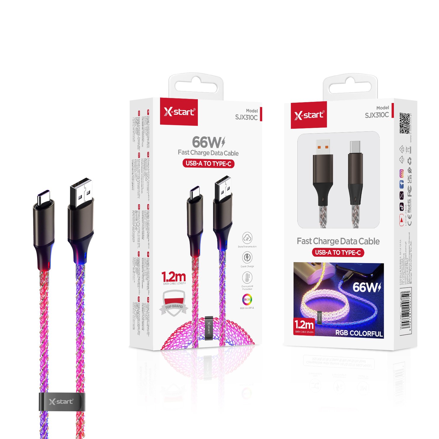 20075 SJX310C RGB氛围快充数据线Gradient Color 66W RGB Ambient Fast Charging Data Cable 1.2M RGB Color USB-A to USB-C PC Outer Sheath - Image 1
