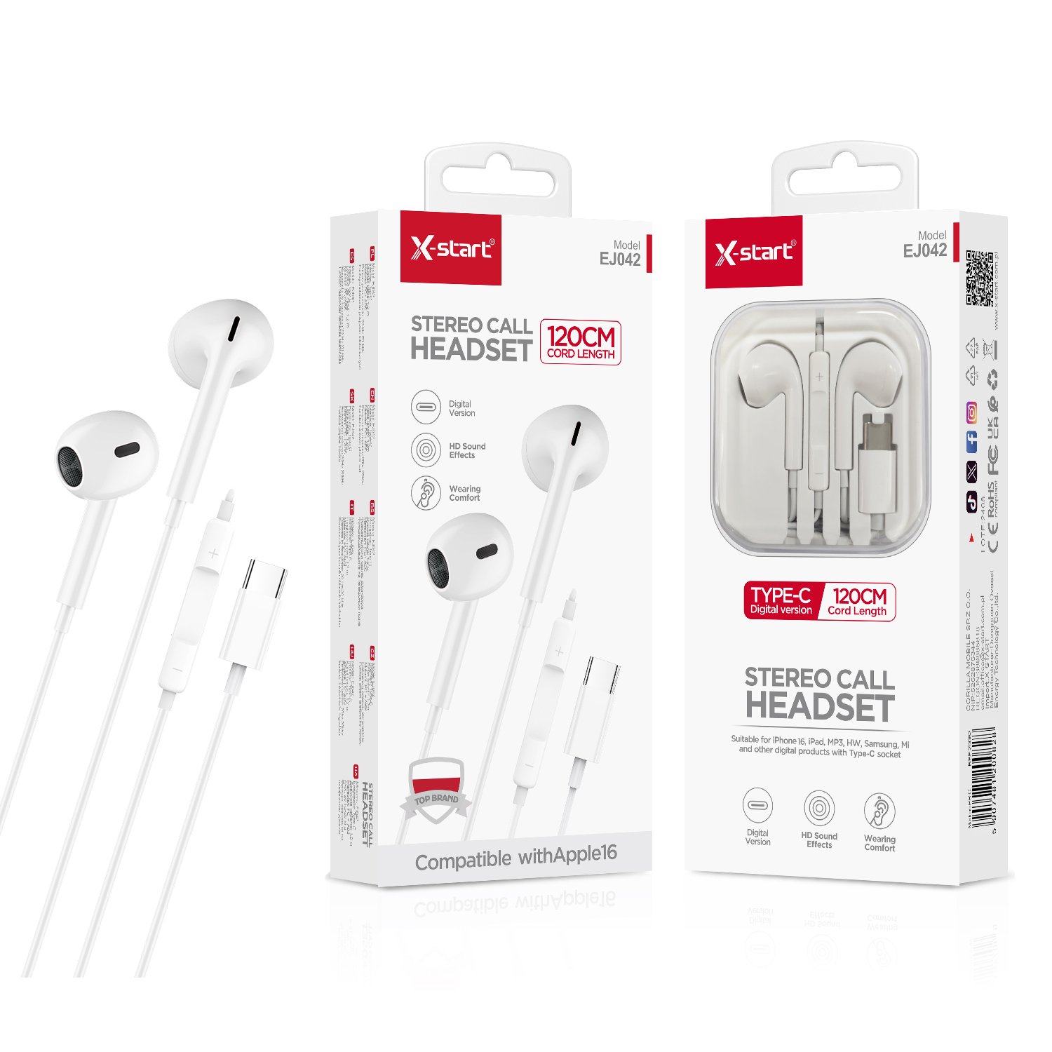 20082-2 EJ042 耳挂式有线耳机White Earhook Wired Headphones with Microphone, 1.2m Cable, Digital Type-C Plug, High-Definition Audio Quality, Smart Controls, TP Outer Sheath - Image 1