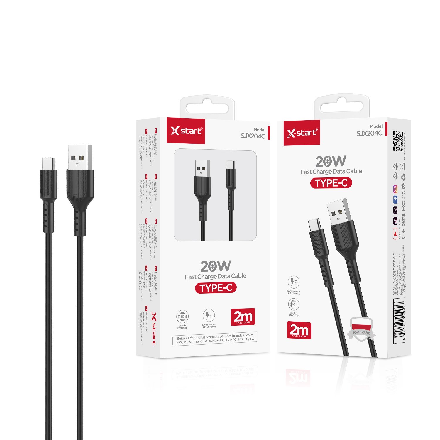 20092 SJX204C 快充数据线Black 20W Fast Charging Cable, 2M Length, USB-A to USB-C, PVC Outer Sheath - Image 1