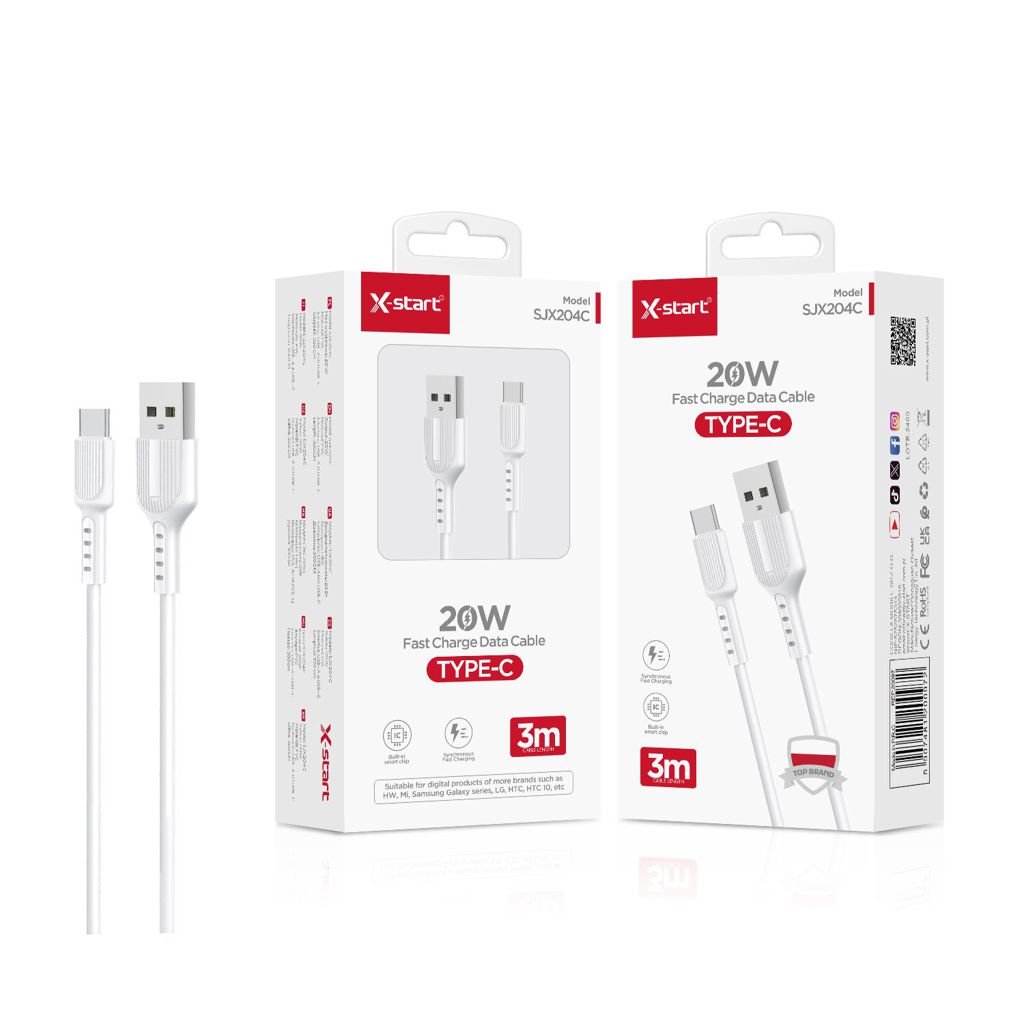 20097 SJX204C 快充数据线White 20W Fast Charging Data Cable, 3M Length, USB-A to USB-C, PVC Sheath - Image 1