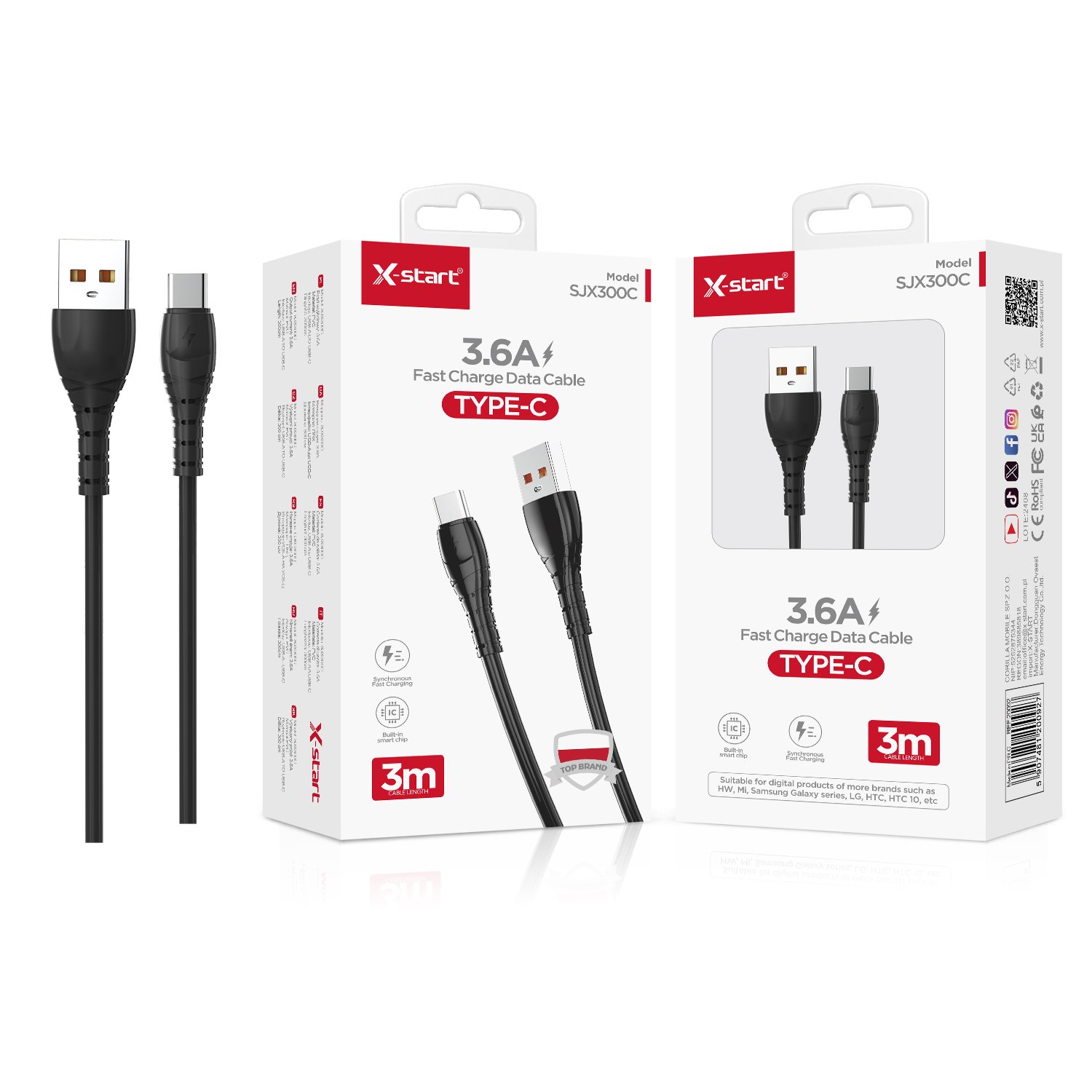 20102 SJX300C 快充数据线Black 3.6A Fast Charging Data Cable, 3M Length, USB-C to USB-C, PVC sheath - Image 1