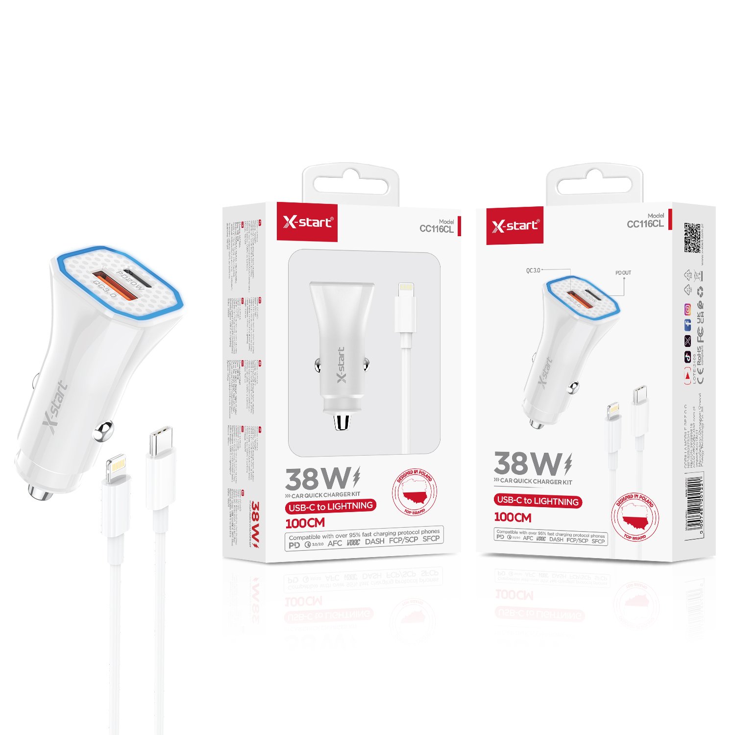 20122 CC116CL 车载快速充电套装White 38W Car Fast Charging Kit, 1m cable, 12-24V - Image 1