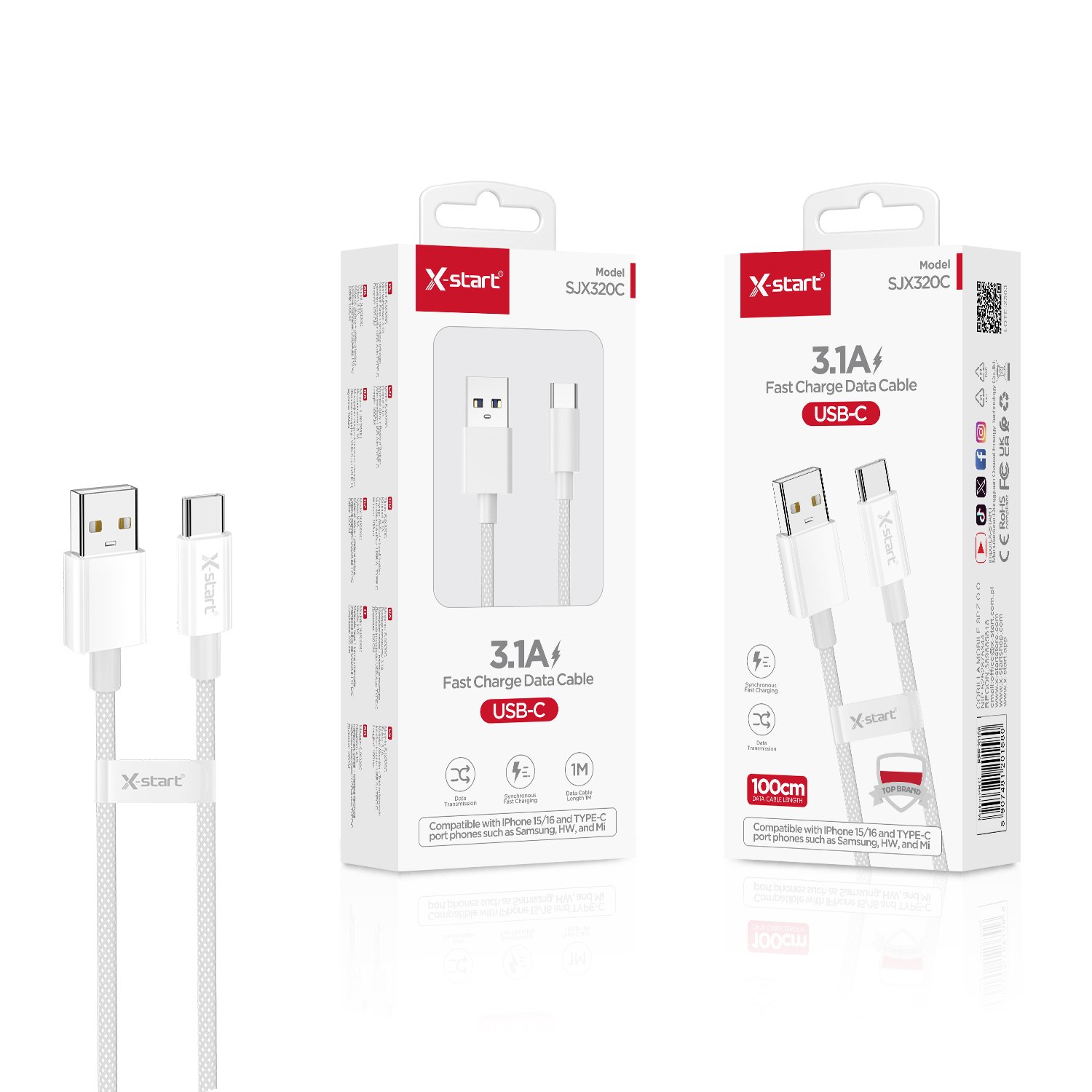 20158 SJX320C 快充数据线White 3.1A Fast Charging Data Cable, 1M USB-A to USB-C, Braided Sheath - Image 1