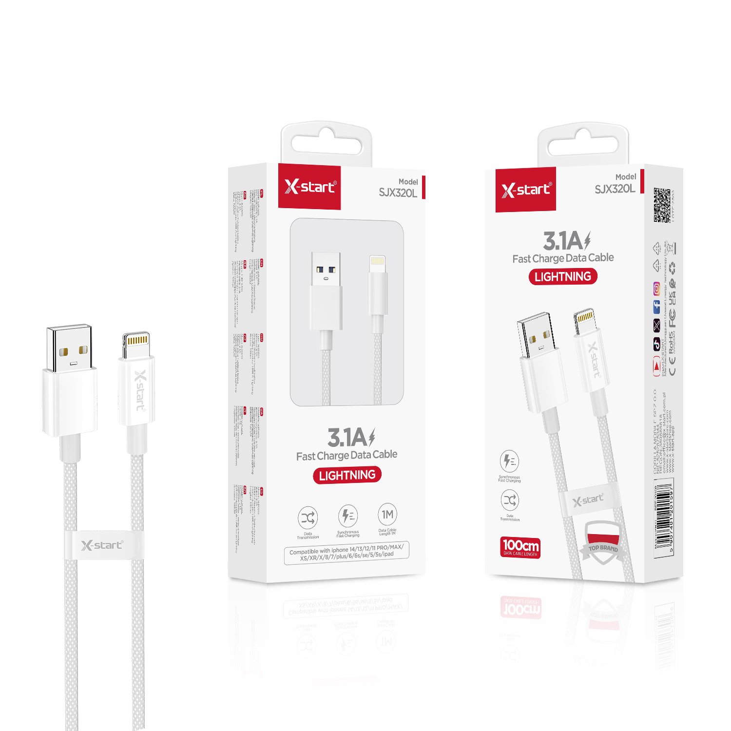 20159 SJX320L 快充数据线White 3.1A Fast Charging Data Cable, 1M USB-A to Lightning, Braided Sheath - Image 1