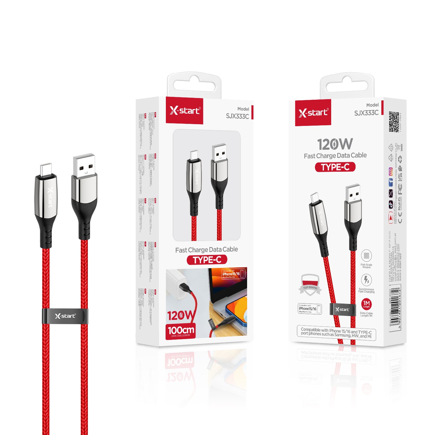 20167 SJX333C 快充数据线Red 120W Fast Charging Data Cable, 1M USB-A to USB-C, Braided Outer Sheath - Image 1