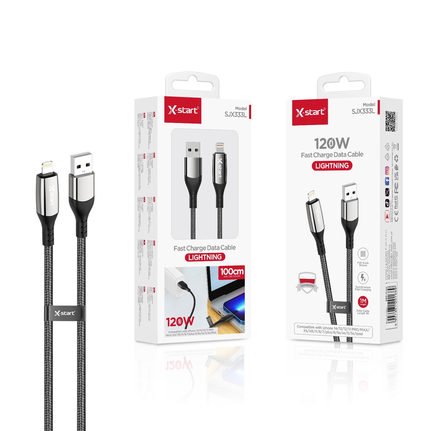 20168 SJX333L 快充数据线Black 120W Fast Charging Data Cable, 1M USB-A to Lightning, Braided Outer Sheath - Image 1