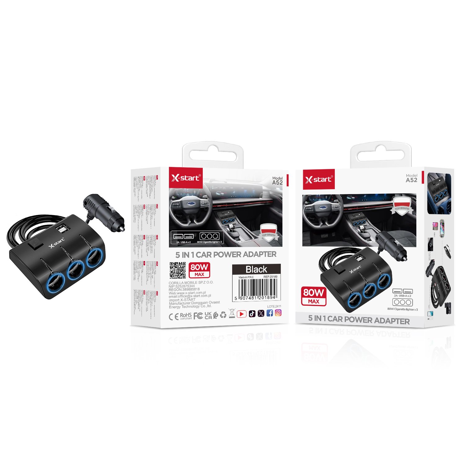20189 A52 车载三口点烟器Black 80W Car Three-Prong Cigarette Lighter, 0.8M Cable, 12V~24V, 2x (USB-A) + 3x Cigarette Lighter Ports, ABS Shell - Image 1